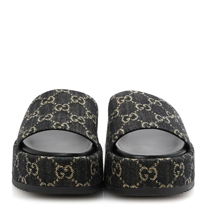 Gucci Jacquard Black Denim GG Monogram Angelina Platform 55mm Slide Sandals 36.5 Black Ivory 3 of 10