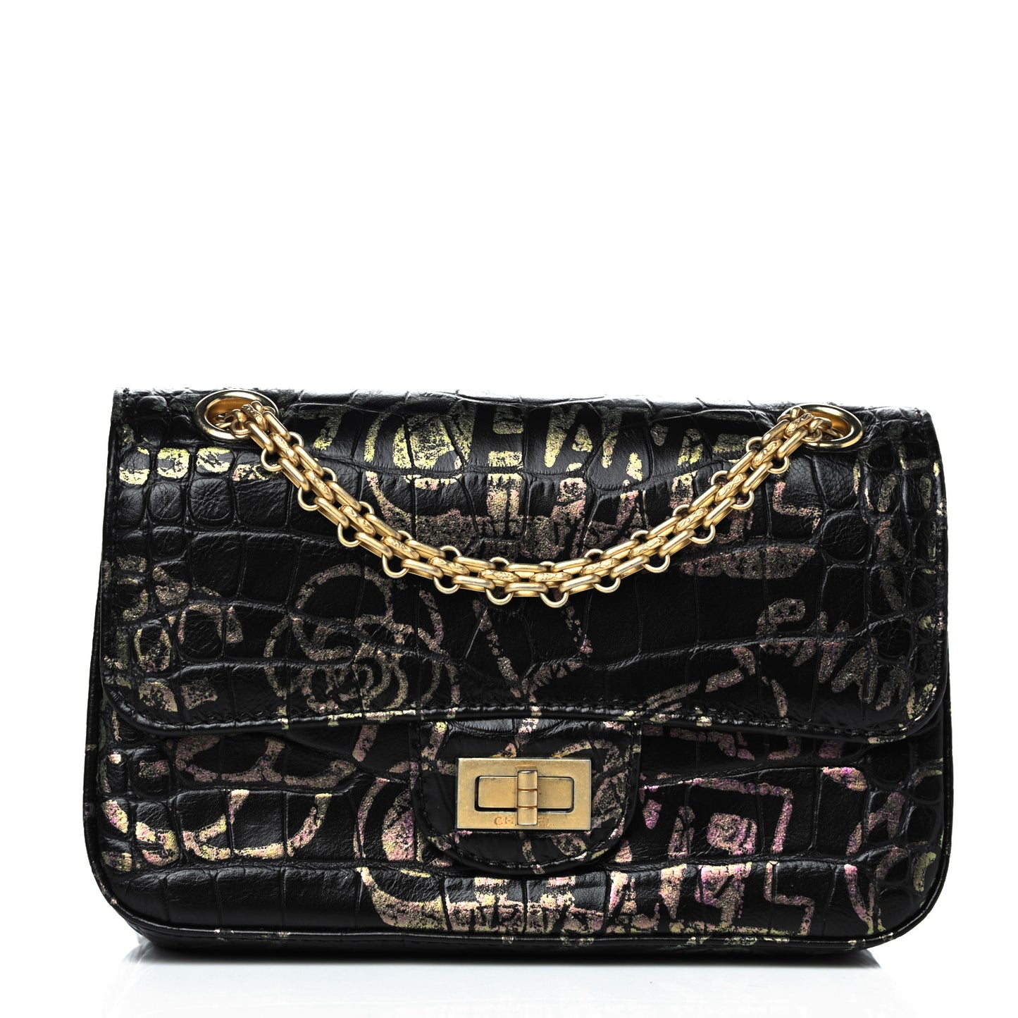 Calfskin Crocodile Embossed Graffiti 2.55 Mini Cocodile Reissue Flap Black Pink