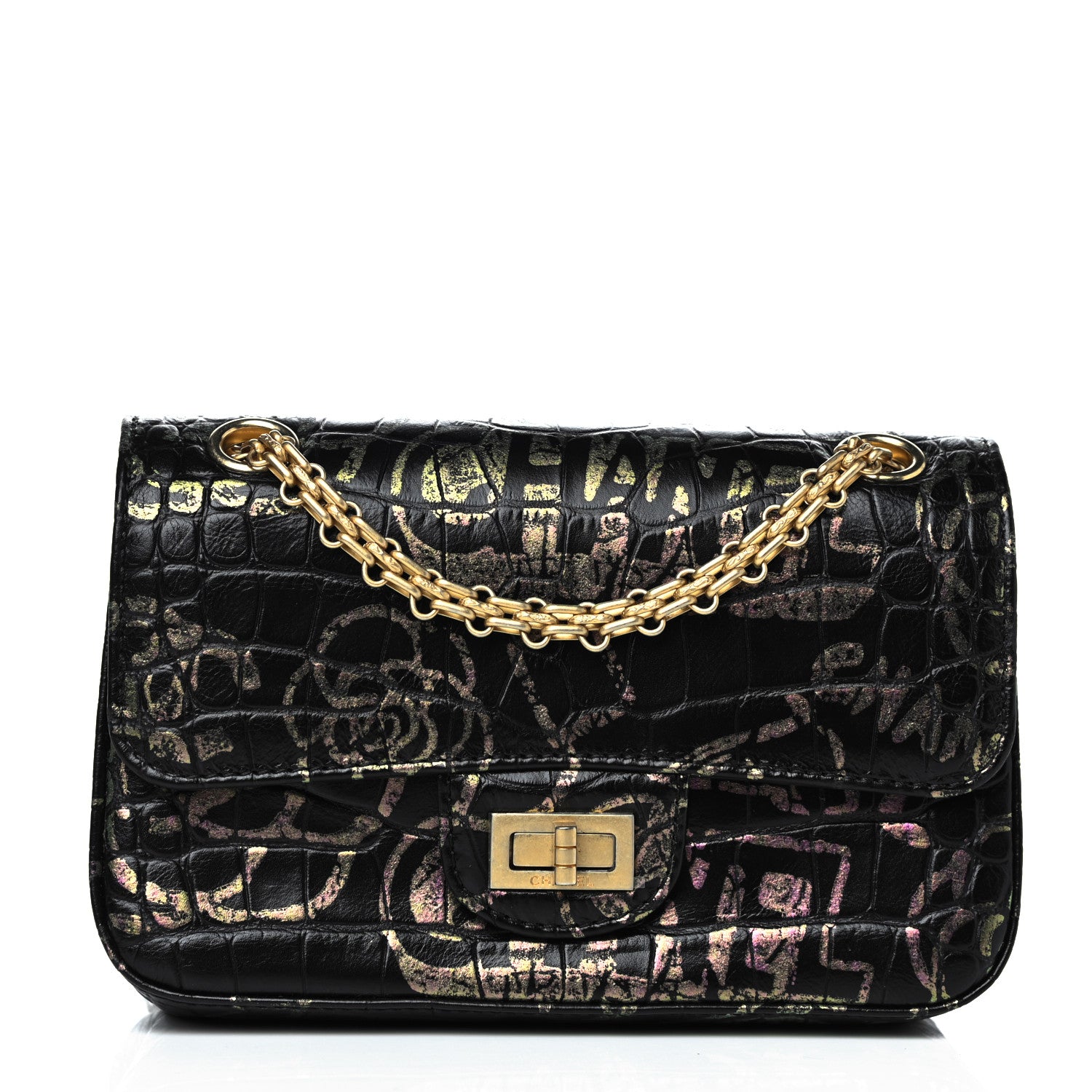 Chanel Calfskin Crocodile Embossed Graffiti 2.55 Mini Cocodile Reissue Flap Black Pink 1 of 17