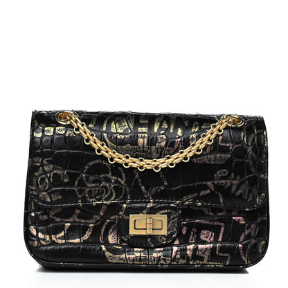 Chanel Calfskin Crocodile Embossed Graffiti 2.55 Mini Cocodile Reissue Flap Black Pink 1 of 17
