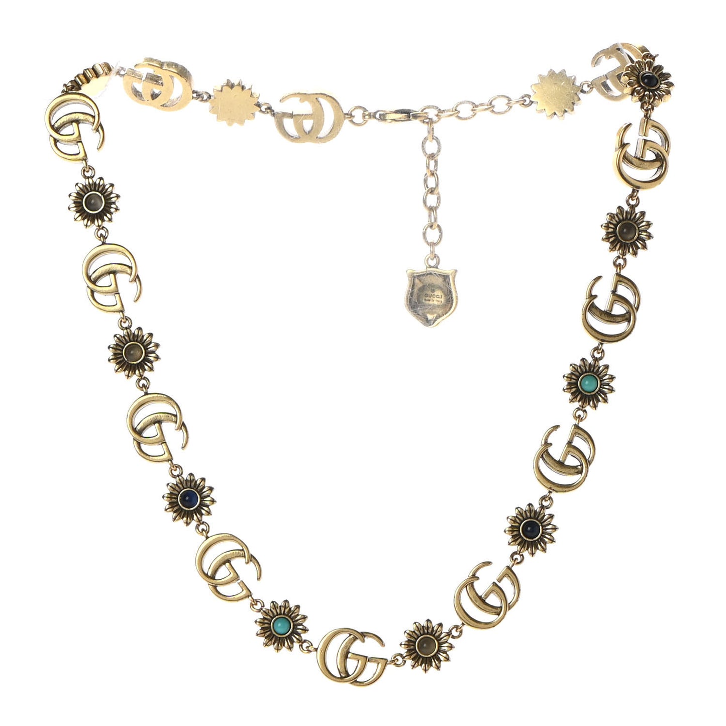 Metal Crystal Flower Feline Head Choker Aged Gold Multicolor