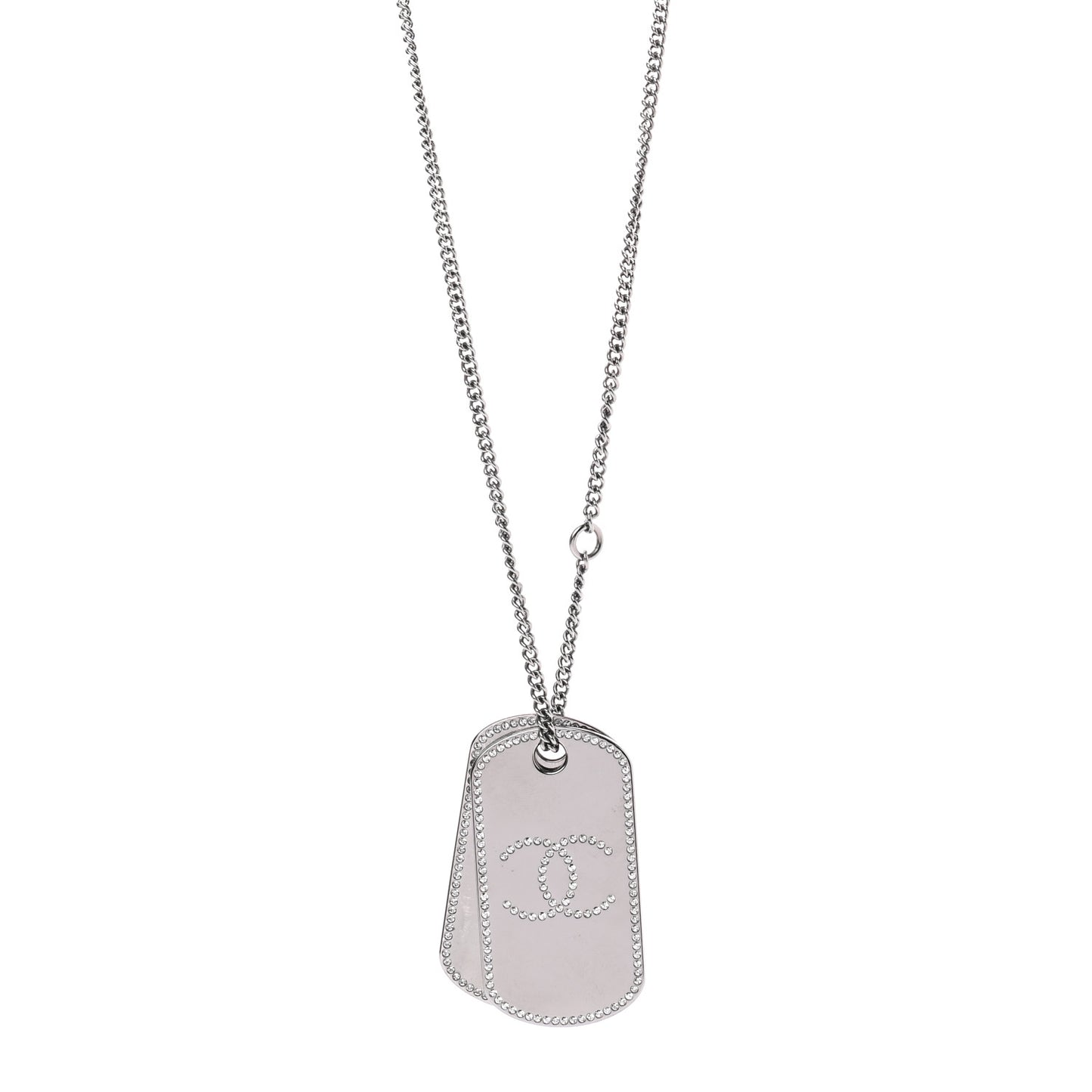 Metal Crystal Ruthenium Dog Tag Charm Necklace Silver