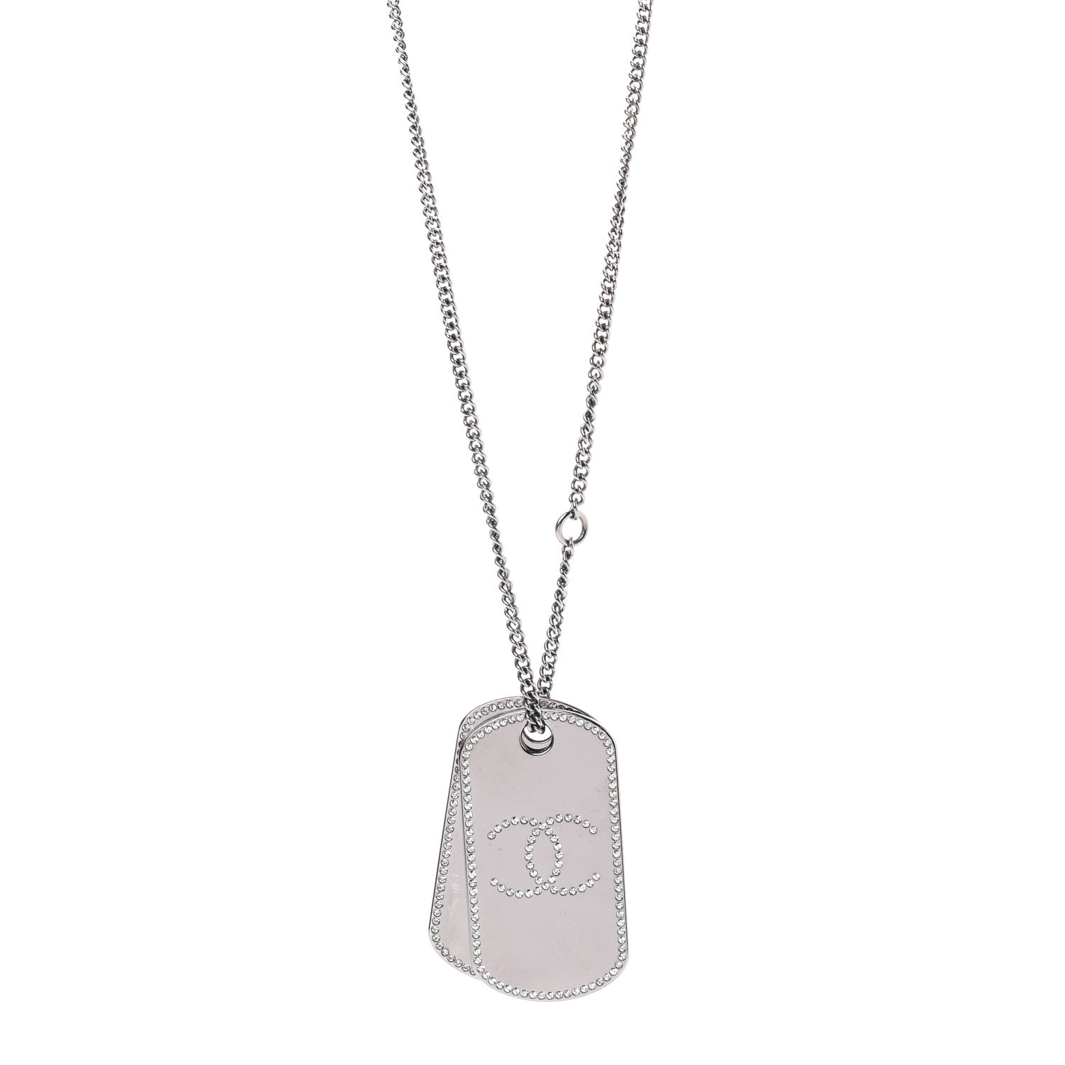 Chanel Metal Crystal Ruthenium Dog Tag Charm Necklace Silver 1 of 5