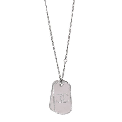 Chanel Metal Crystal Ruthenium Dog Tag Charm Necklace Silver 1 of 5