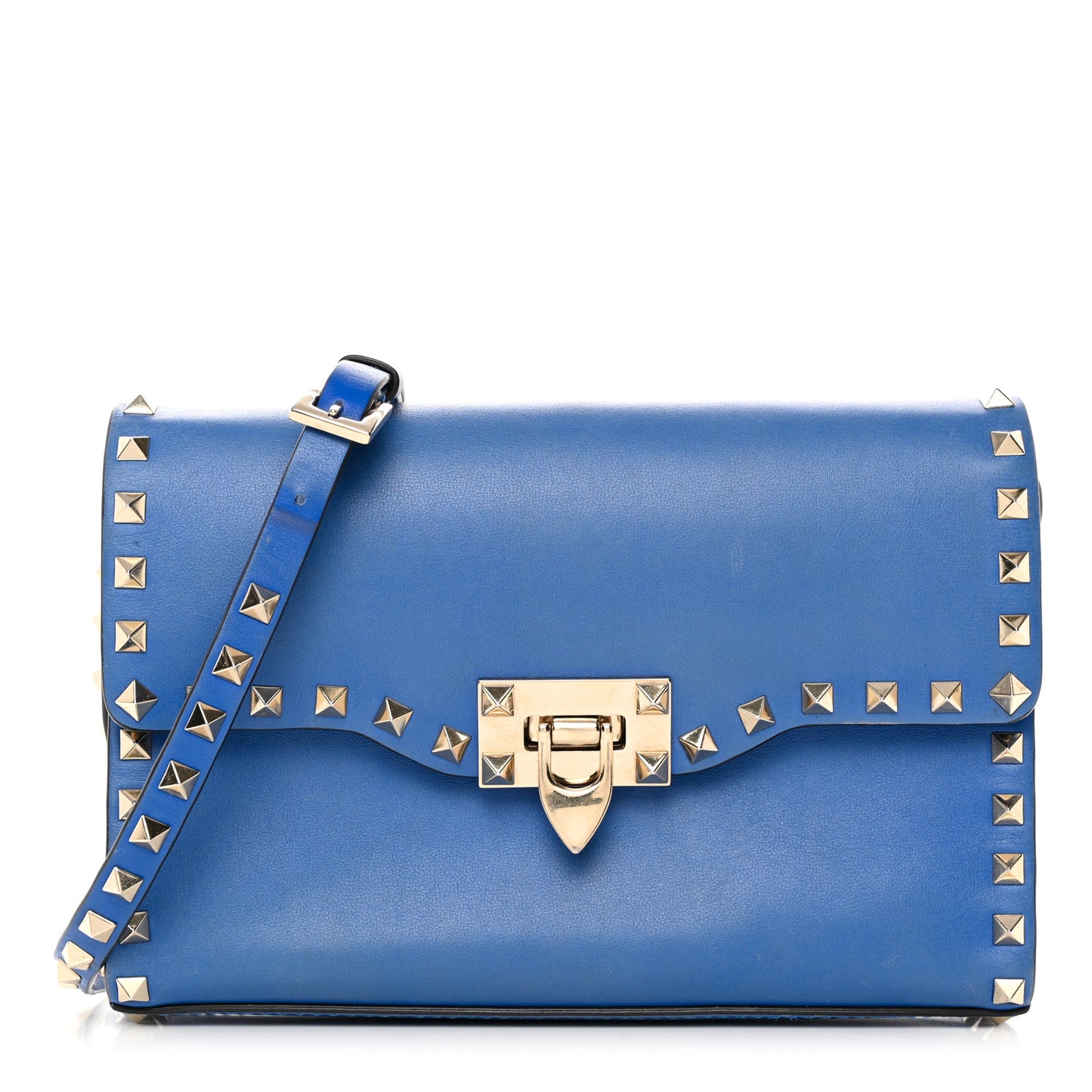 Vitello Medium Rockstud Flip Lock Crossbody Bag Acid Blue