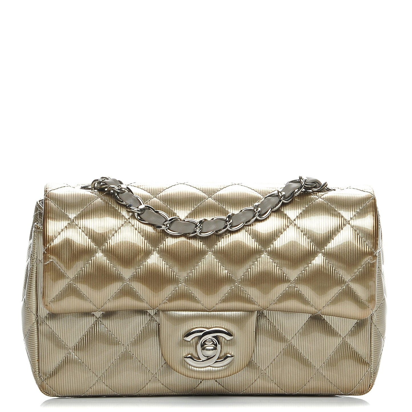 Striated Patent Quilted Mini Rectangular Flap Gold