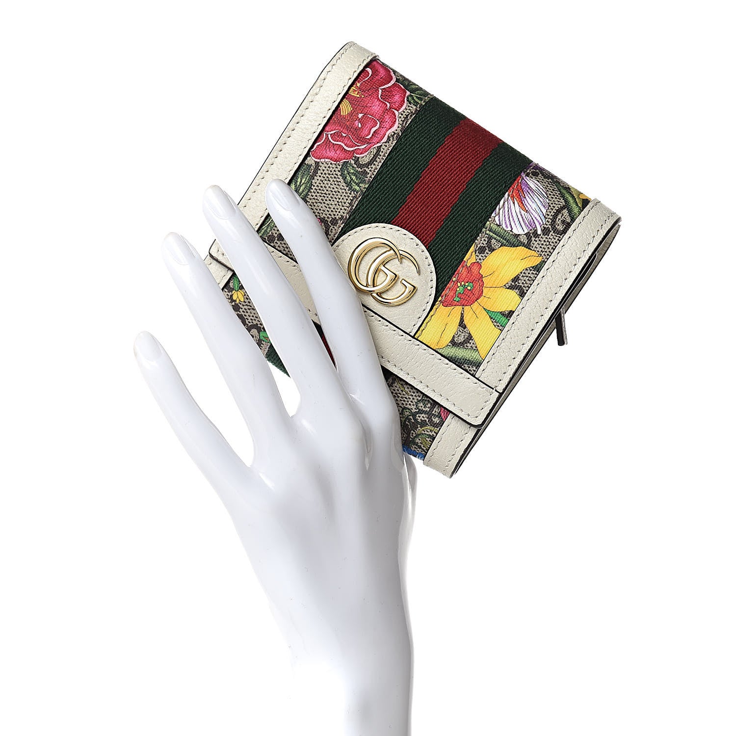 Gucci GG Supreme Monogram Flora Textured Calfskin Web Ophidia Card Case Wallet Beige Ebony Multicolor Mystic White 2 of 7