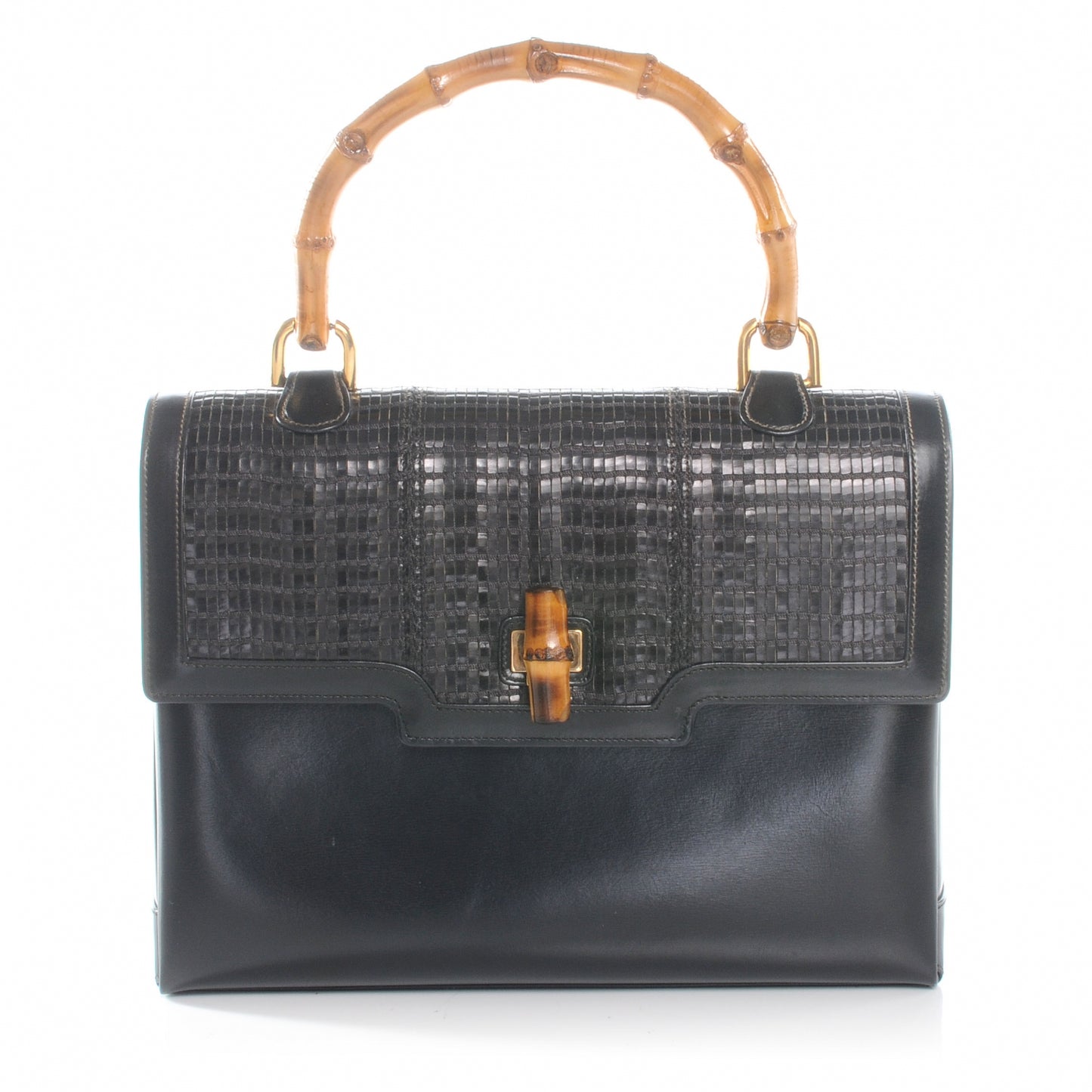 Woven Leather Bamboo Top Handle Bag Black