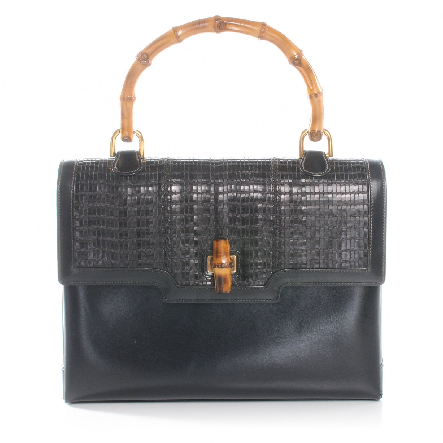 Gucci Woven Leather Bamboo Top Handle Bag Black 1 of 16