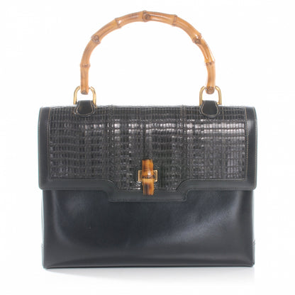 Gucci Woven Leather Bamboo Top Handle Bag Black 1 of 16