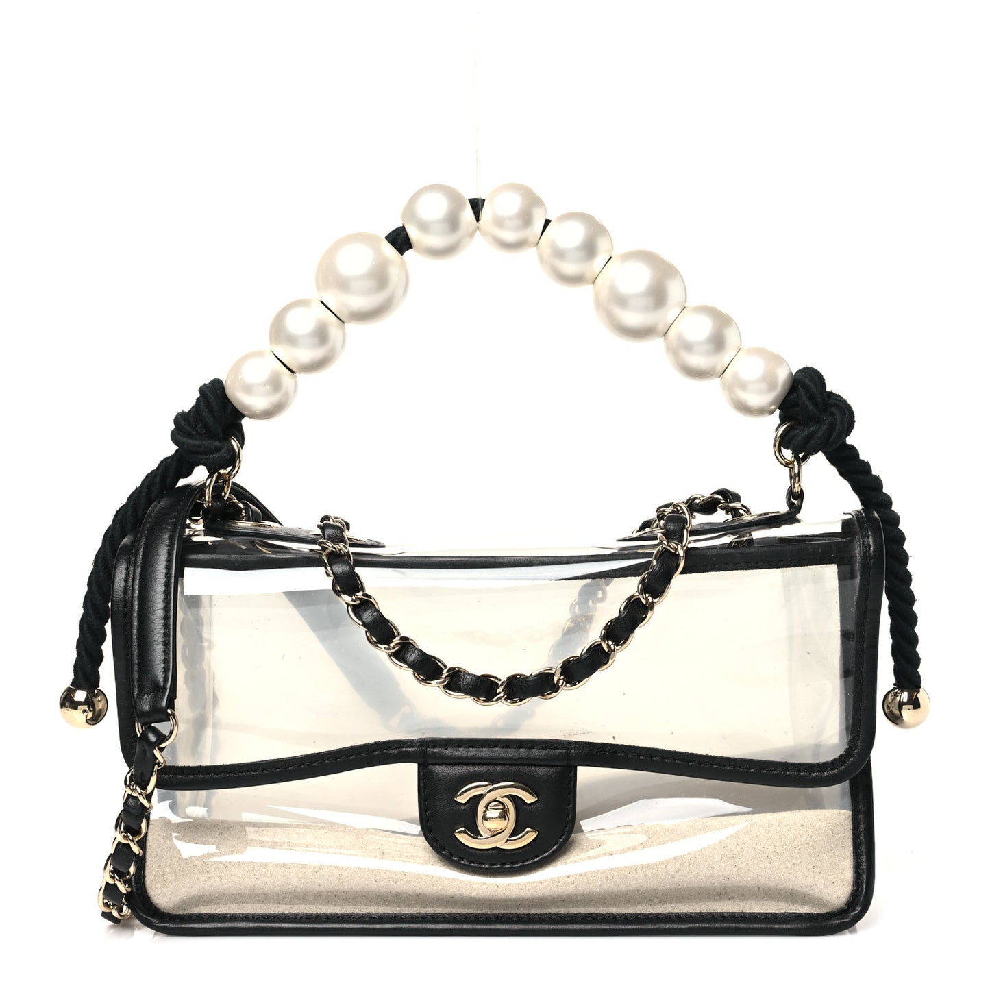 Lambskin PVC Sand By The Sea Flap With Pearl Strap Black