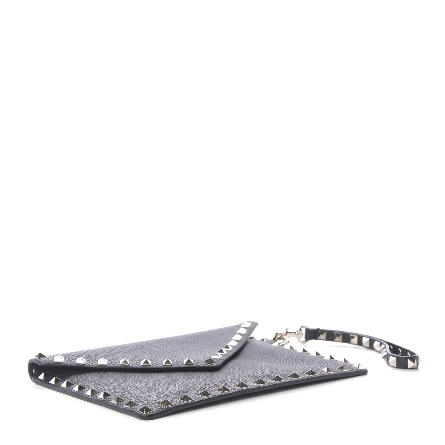 Pebbled Calfskin Medium Rockstud Envelope Flat Wristlet Pouch Black