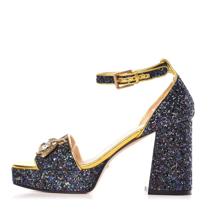 Gucci Glitter Soko Bee Platform Mid Heel Sandals 37 Notte Oro Multi 1 of 9