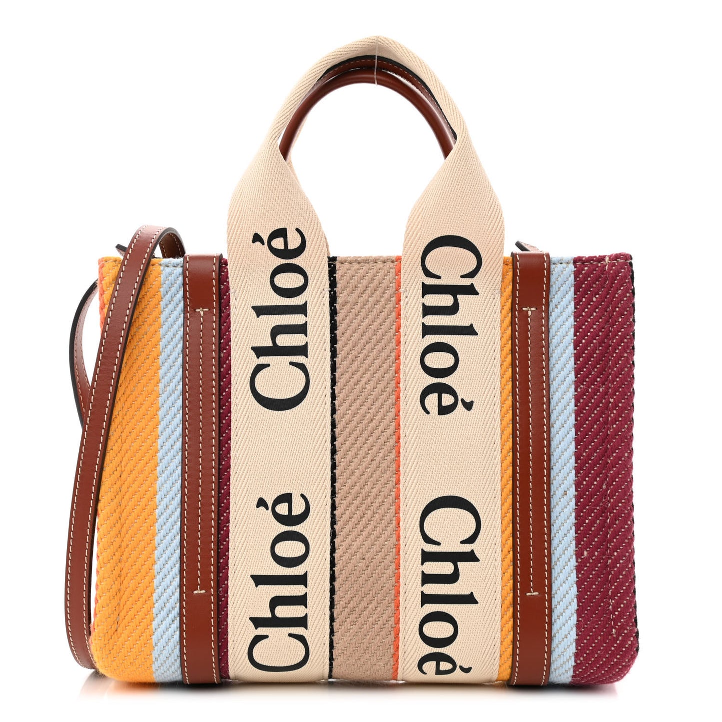 Cotton Calfskin Small Woody Striped Ribbon Tote Multicolor