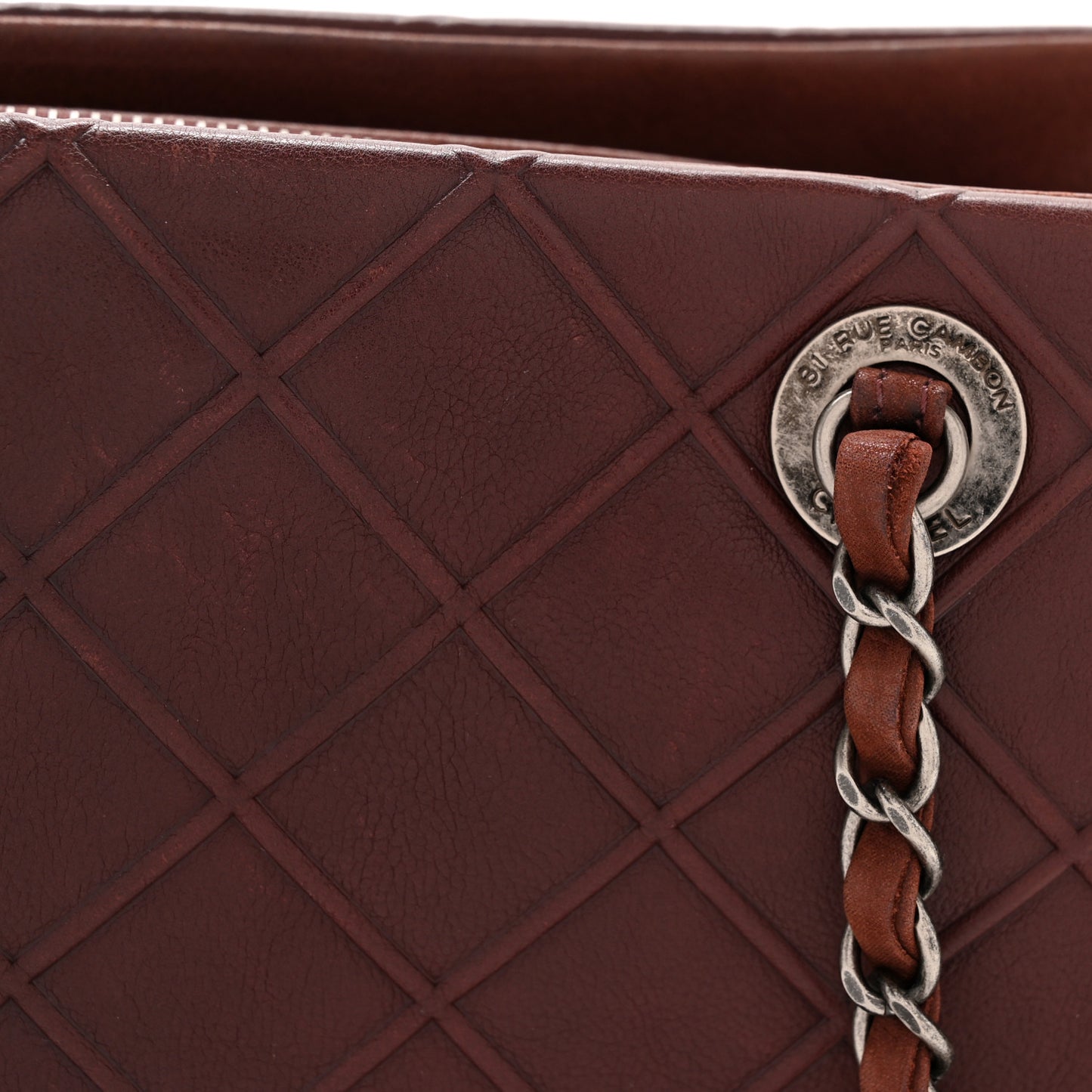 Calfskin Diamond Embossed Large CC Zip Shopping Tote Burgundy