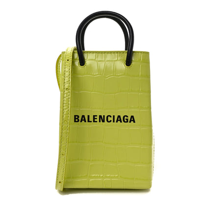 Balenciaga Calfskin Crocodile Embossed Logo Shopping Phone Holder Bag Lime 1 of 8