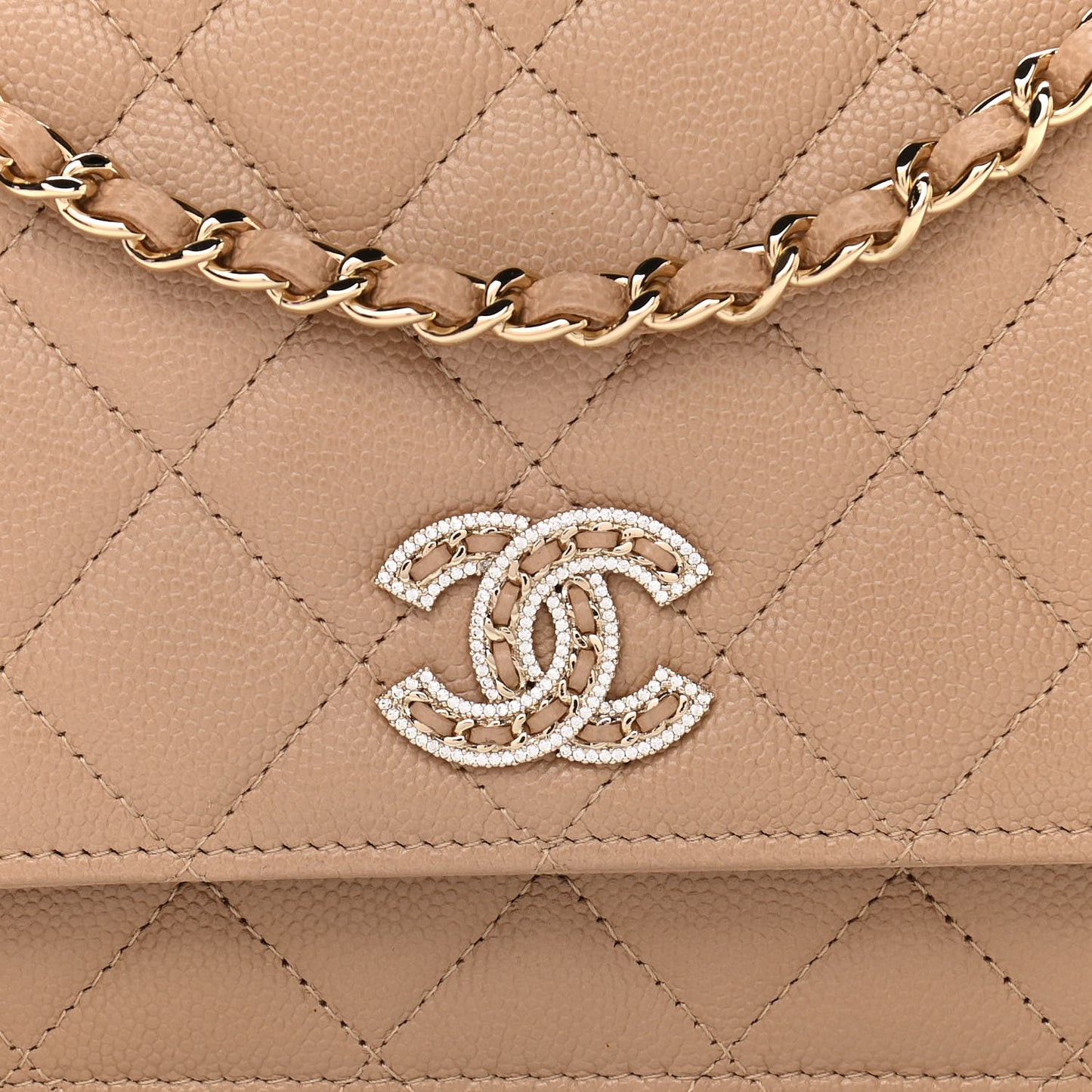 Caviar Quilted Crystal CC Wallet On Chain WOC Beige