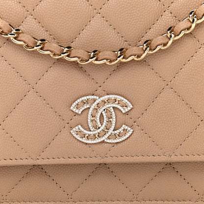 Chanel Caviar Quilted Crystal CC Wallet On Chain WOC Beige 9 of 12