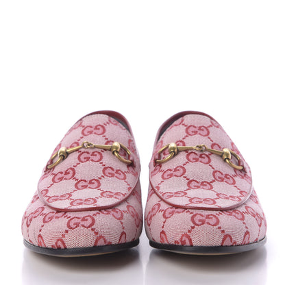 Gucci Canvas GG Monogram Horsebit Womens Jordaan Loafers 38 Gardenia Hibiscus Red 3 of 11