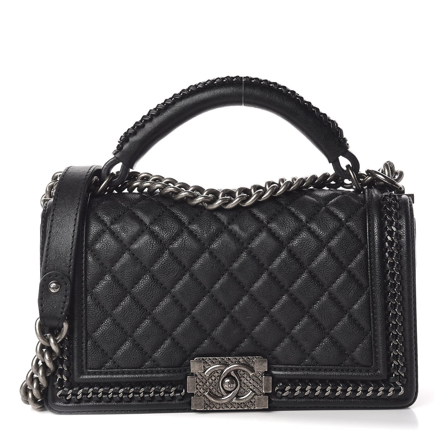 Calfskin Quilted Medium Boy Top Handle Flap Black