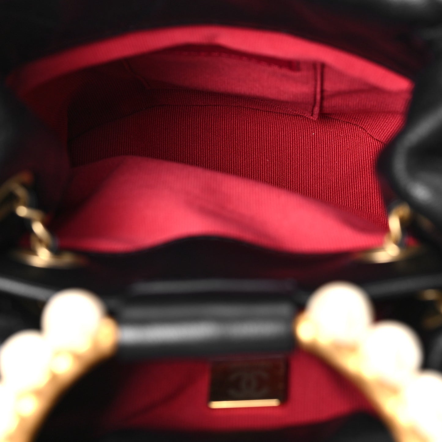 Lambskin Quilted Pearl Crown Drawstring Bag Black