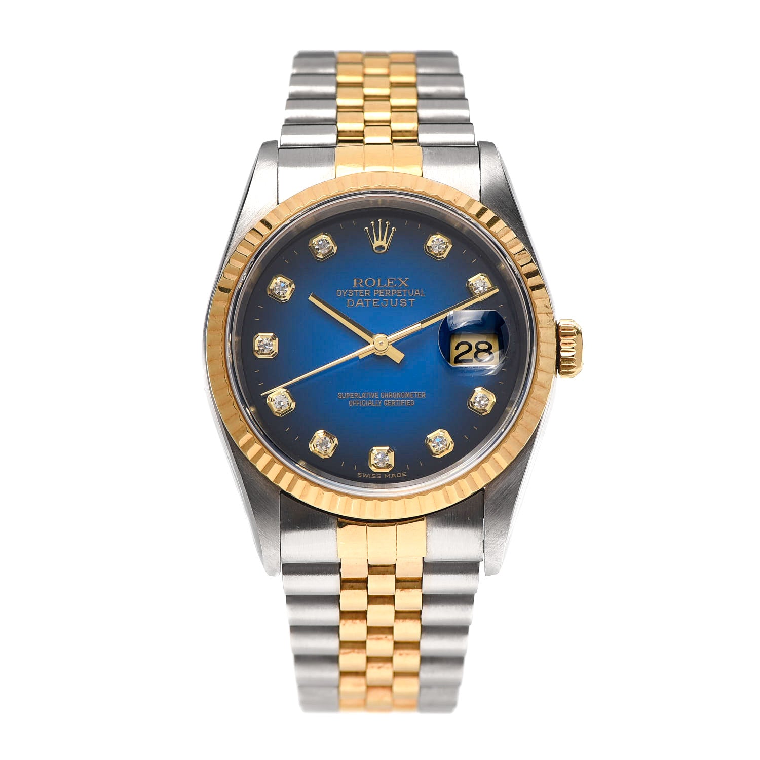 Rolex Stainless Steel 18K Yellow Gold Diamond 36mm Oyster Perpetual Datejust Watch Blue 16233 1 of 4