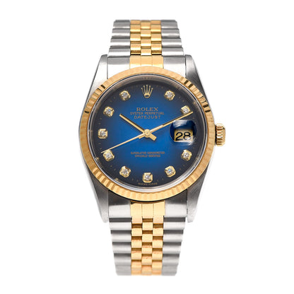 Rolex Stainless Steel 18K Yellow Gold Diamond 36mm Oyster Perpetual Datejust Watch Blue 16233 1 of 4