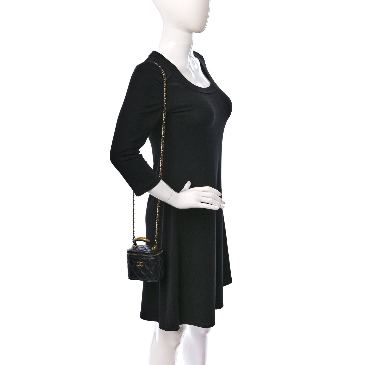 Lambskin Quilted Metal Mini Top Handle Vanity Case With Chain Black