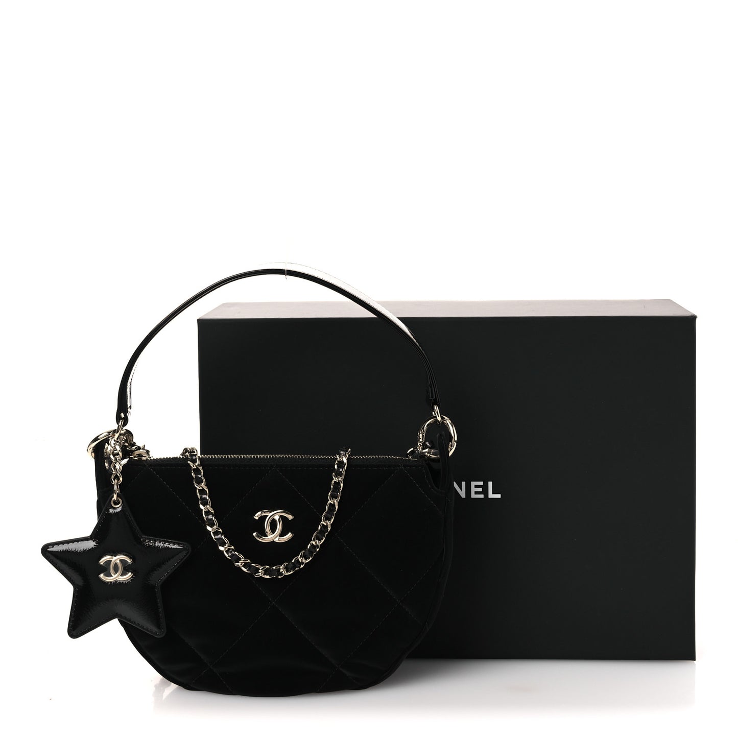 Velvet Effect Nylon Shiny Crumpled Calfskin Coco Neige Quilted Clutch With Chain Black
