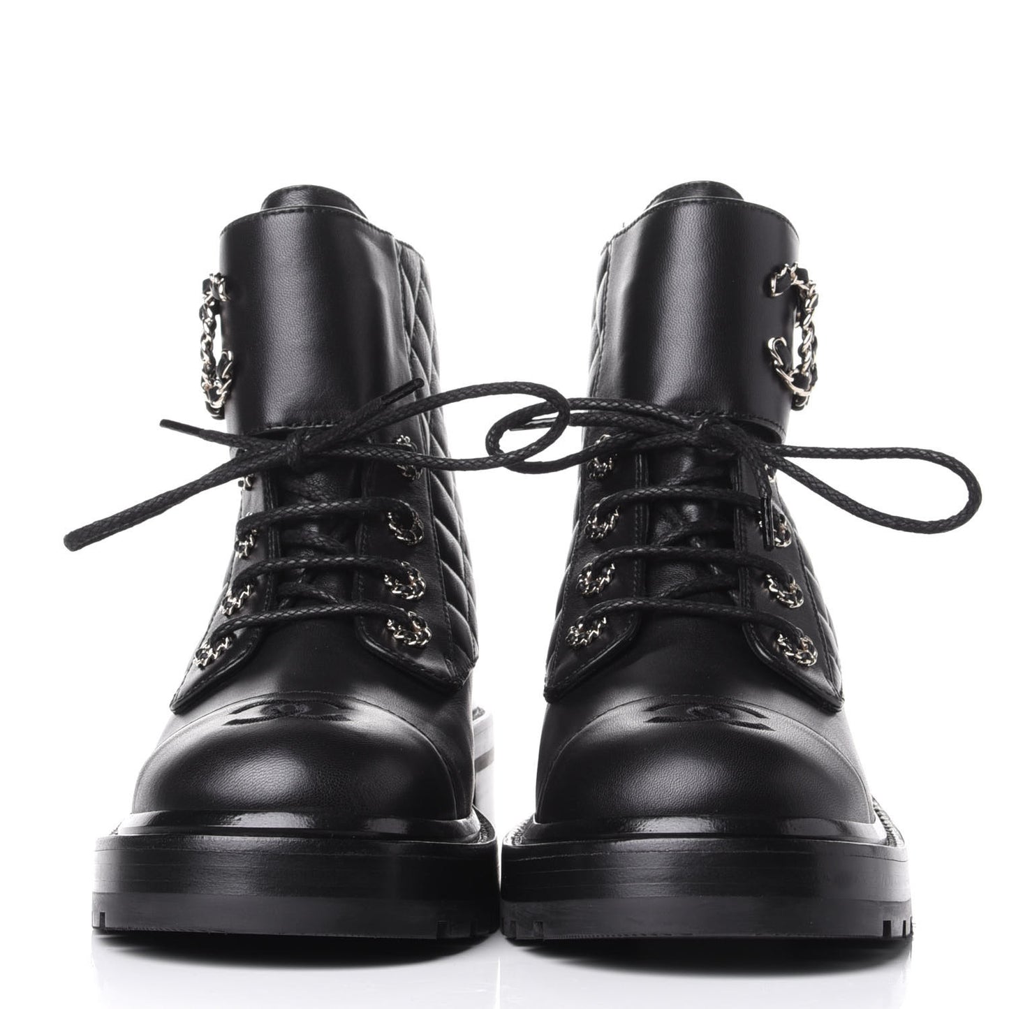 Shiny Lambskin Quilted Lace Up Combat Boots 39 Black