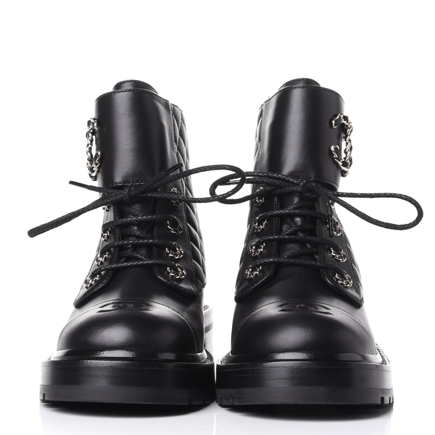Chanel Shiny Lambskin Quilted Lace Up Combat Boots 39 Black 2 of 11