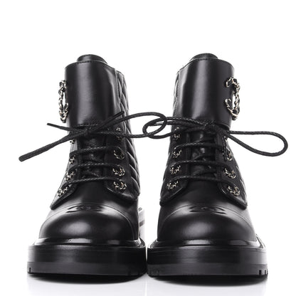 Chanel Shiny Lambskin Quilted Lace Up Combat Boots 39 Black 2 of 11