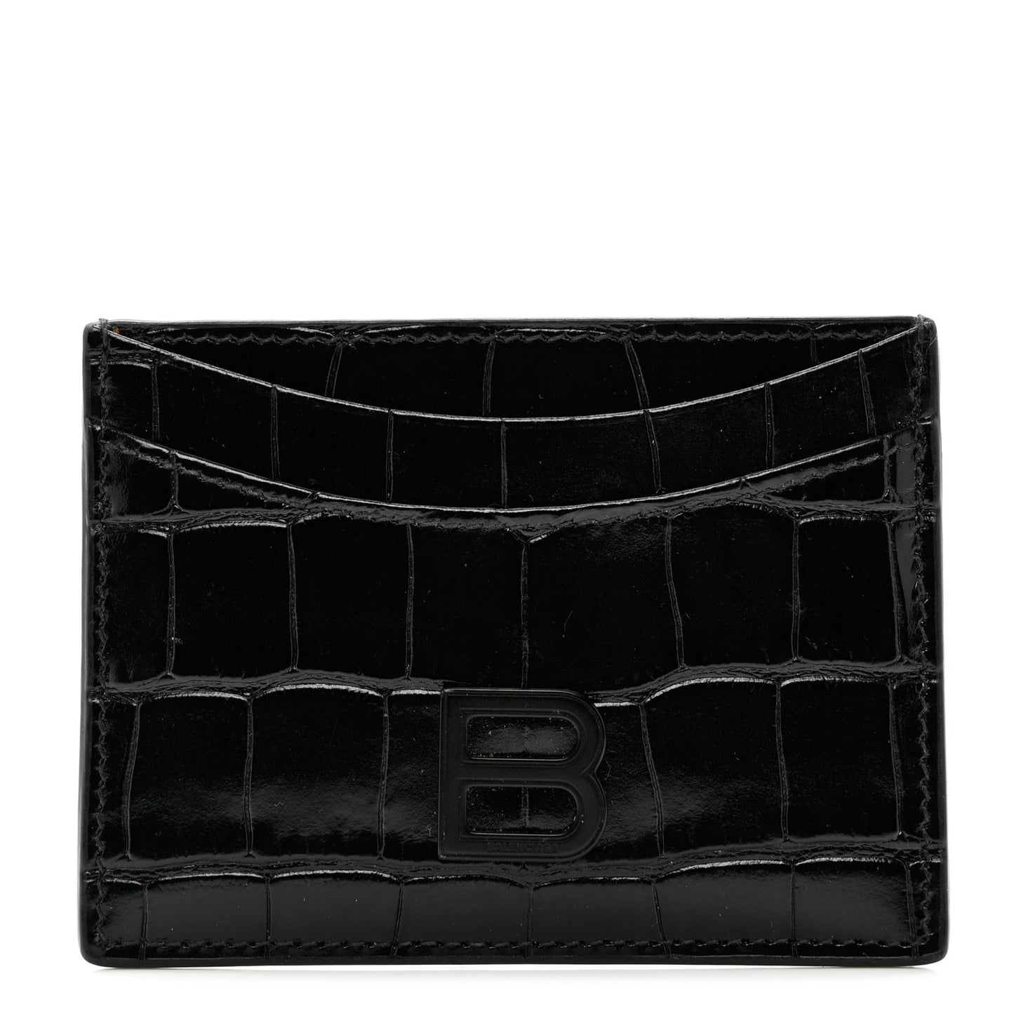 Shiny Calfskin Monochrome Crocodile Embossed Hourglass Card Holder Black