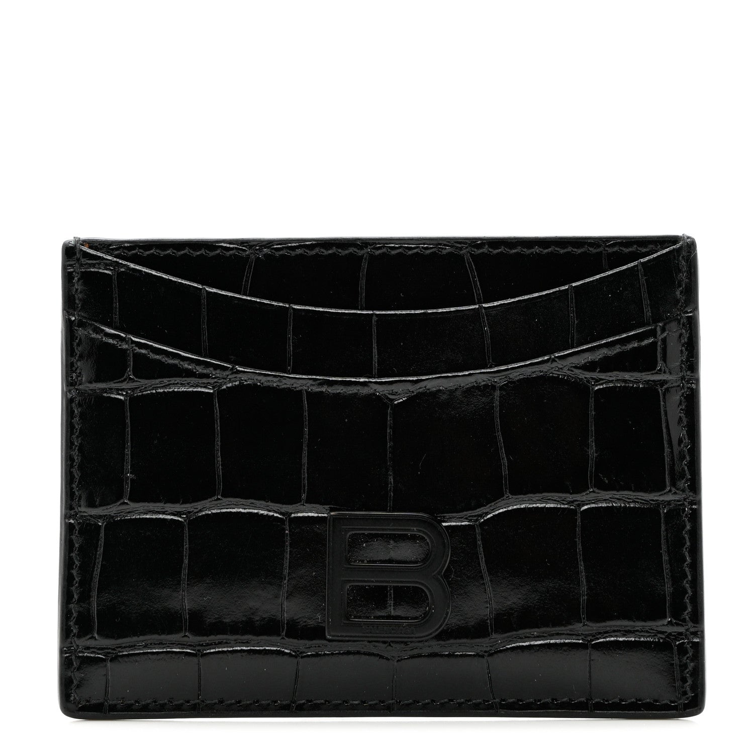 Balenciaga Shiny Calfskin Monochrome Crocodile Embossed Hourglass Card Holder Black 1 of 6