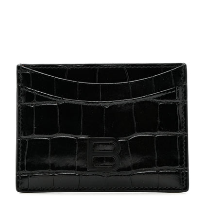 Balenciaga Shiny Calfskin Monochrome Crocodile Embossed Hourglass Card Holder Black 1 of 6