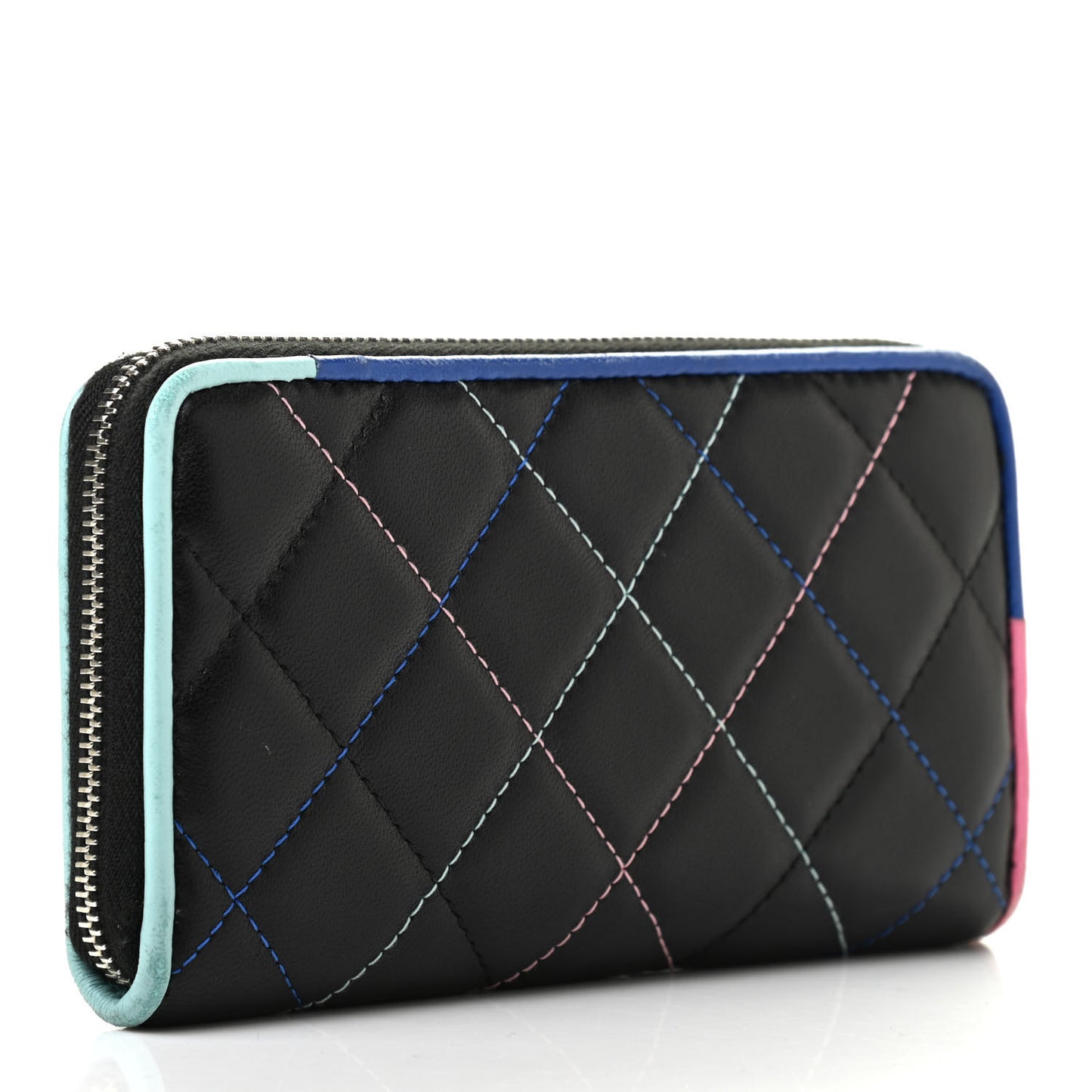 Lambskin Quilted Small Gusset Zip Around Wallet Black Pink Light Blue