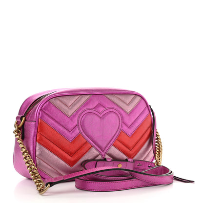 Gucci Laminated Nappa Matelasse Small GG Marmont Chain Shoulder Bag Fuxia Rosso Rosa 3 of 10