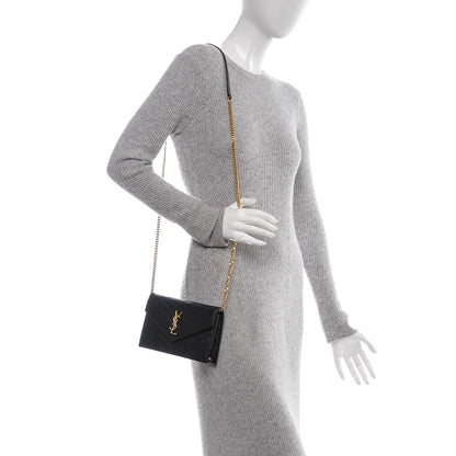 Saint Laurent Grain De Poudre Matelasse Chevron Monogram Envelope Chain Wallet Black 2 of 7