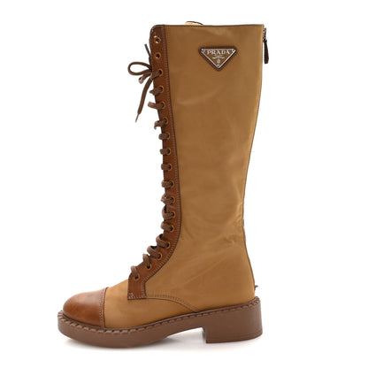 Prada Re-Nylon Spazzolato Rois Metal Triangle Logo Tall 50mm Combat Boots 35.5 Tobacco Brown 1 of 8
