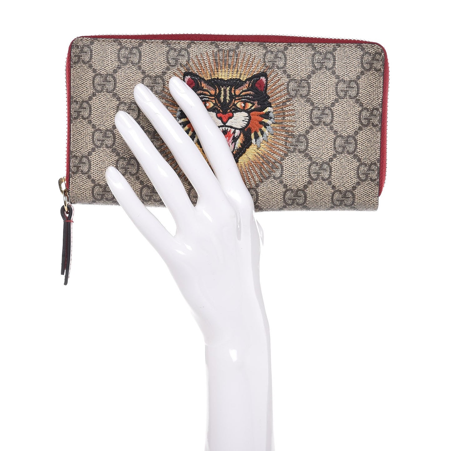 GG Supreme Monogram Angry Cat Embroidered Zip Around Wallet Red