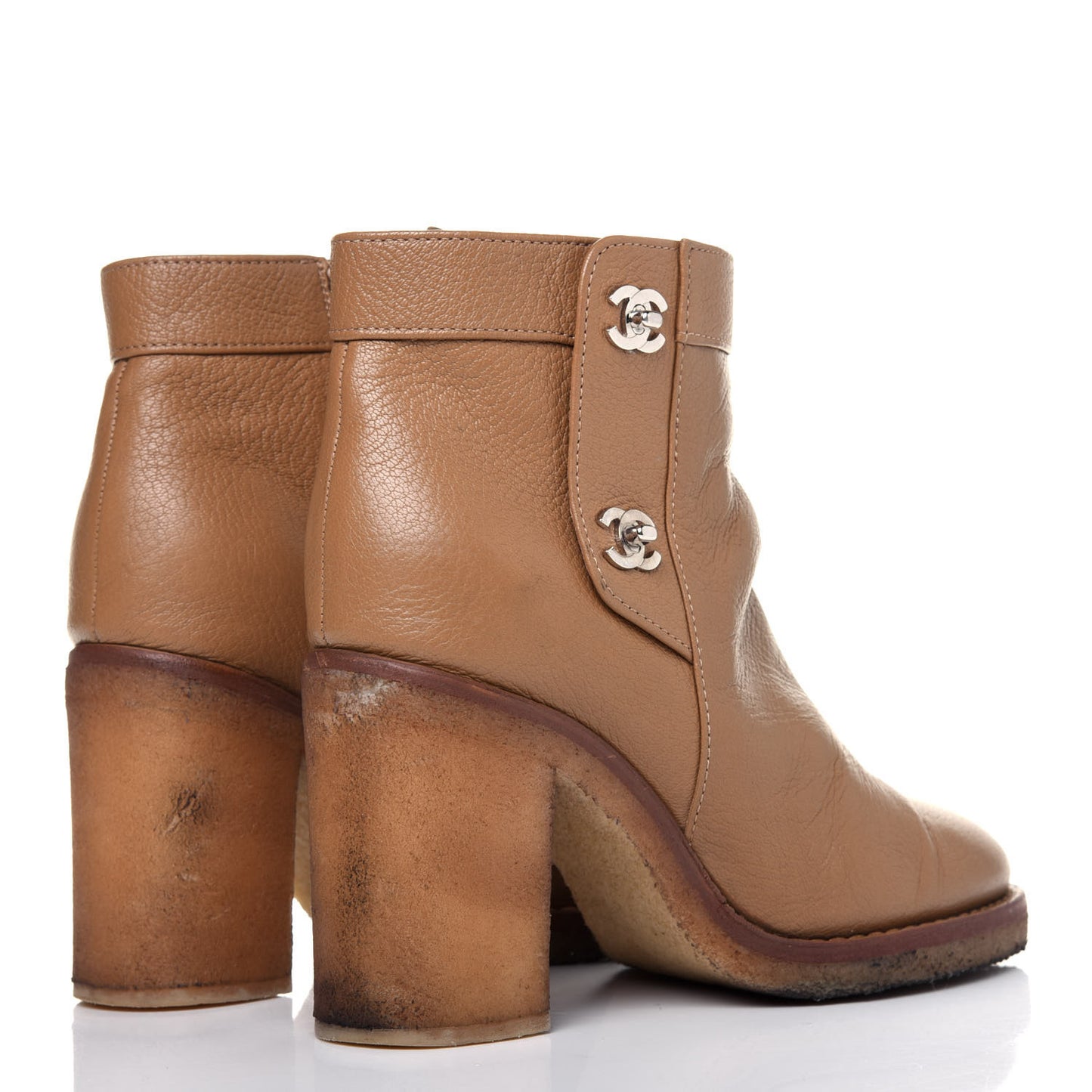 Goatskin CC Turnlock Ankle Boots 37 Beige