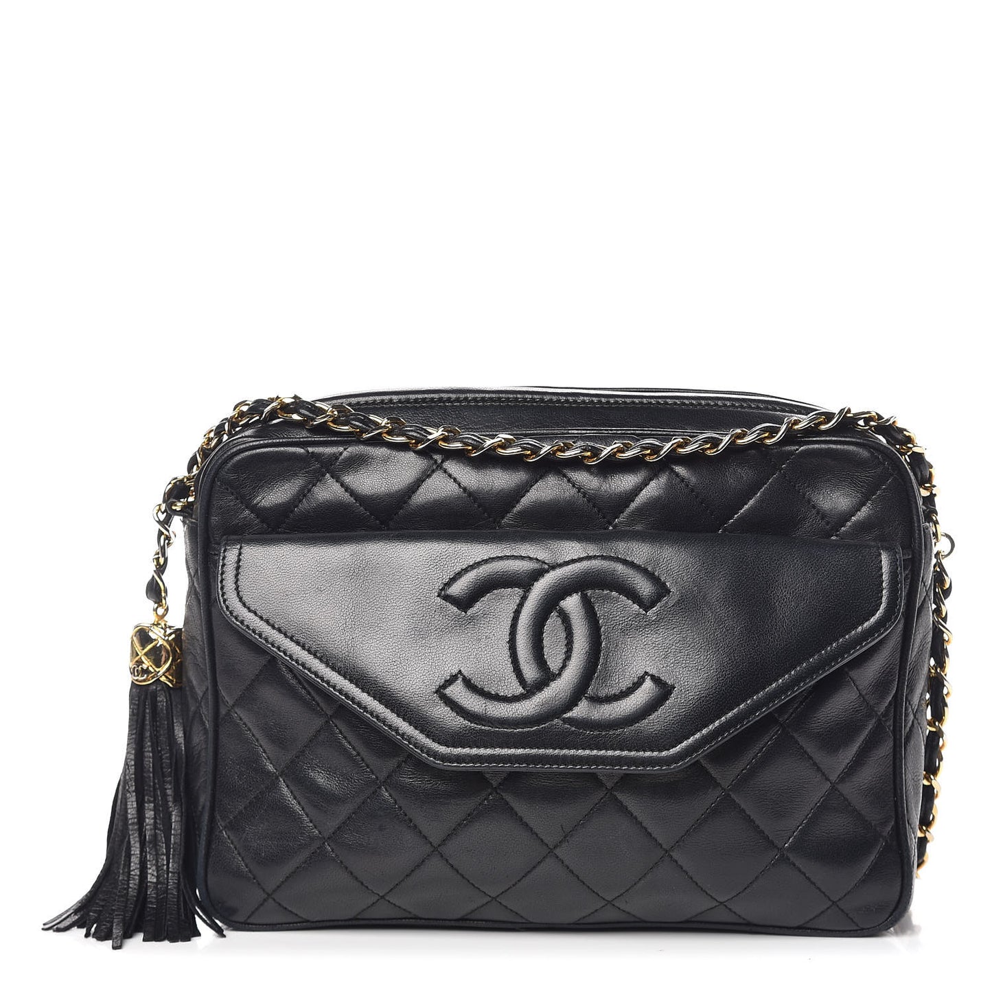 Lambskin Quilted Tassel Camera Case Black