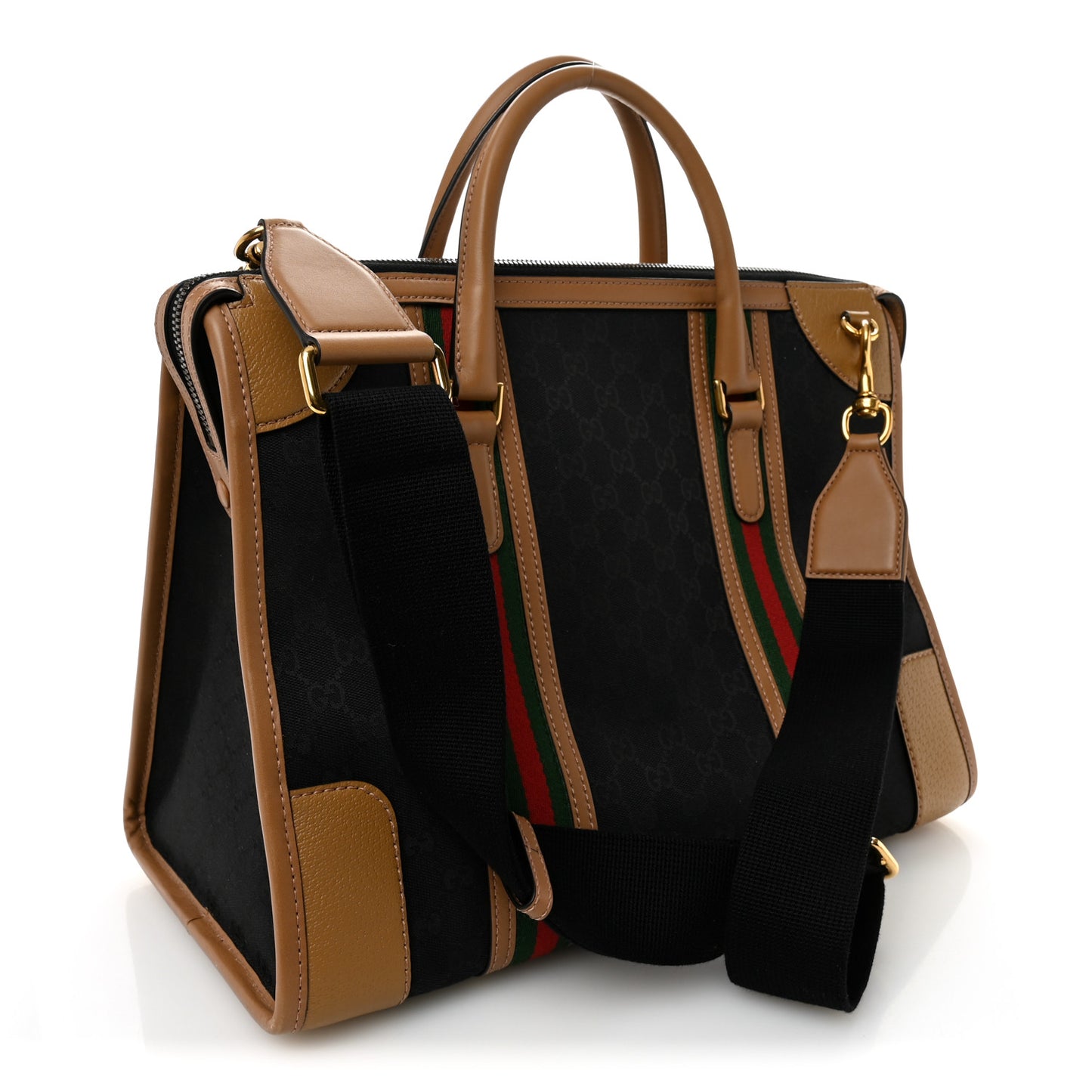 Monogram Textured Dollar Calfskin Web Large Bauletto Duffle Top Handle Bag Black Koi Beige
