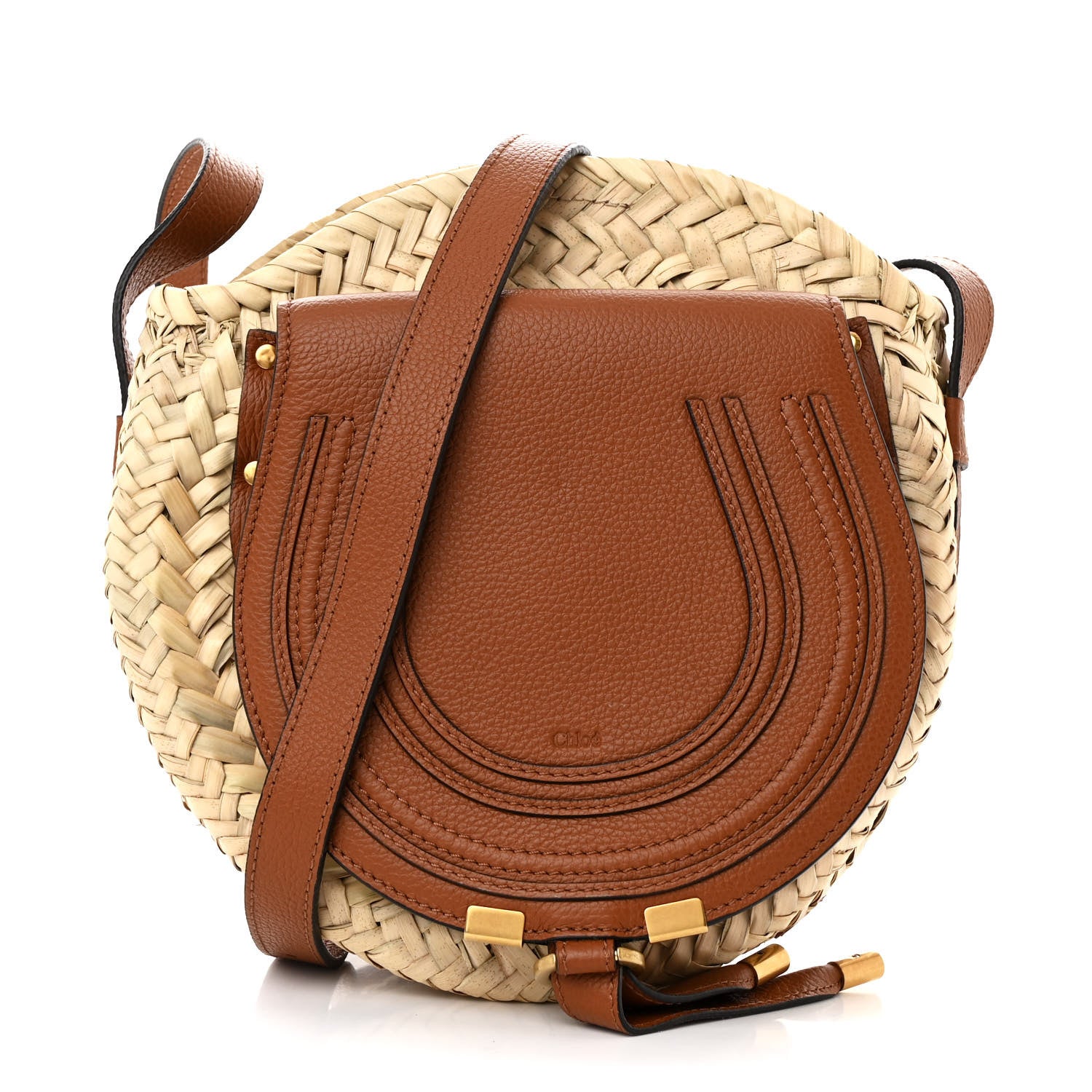 Chloe Raffia Small Grain Calfskin Small Marcie Basket Crossbody Tan 1 of 11