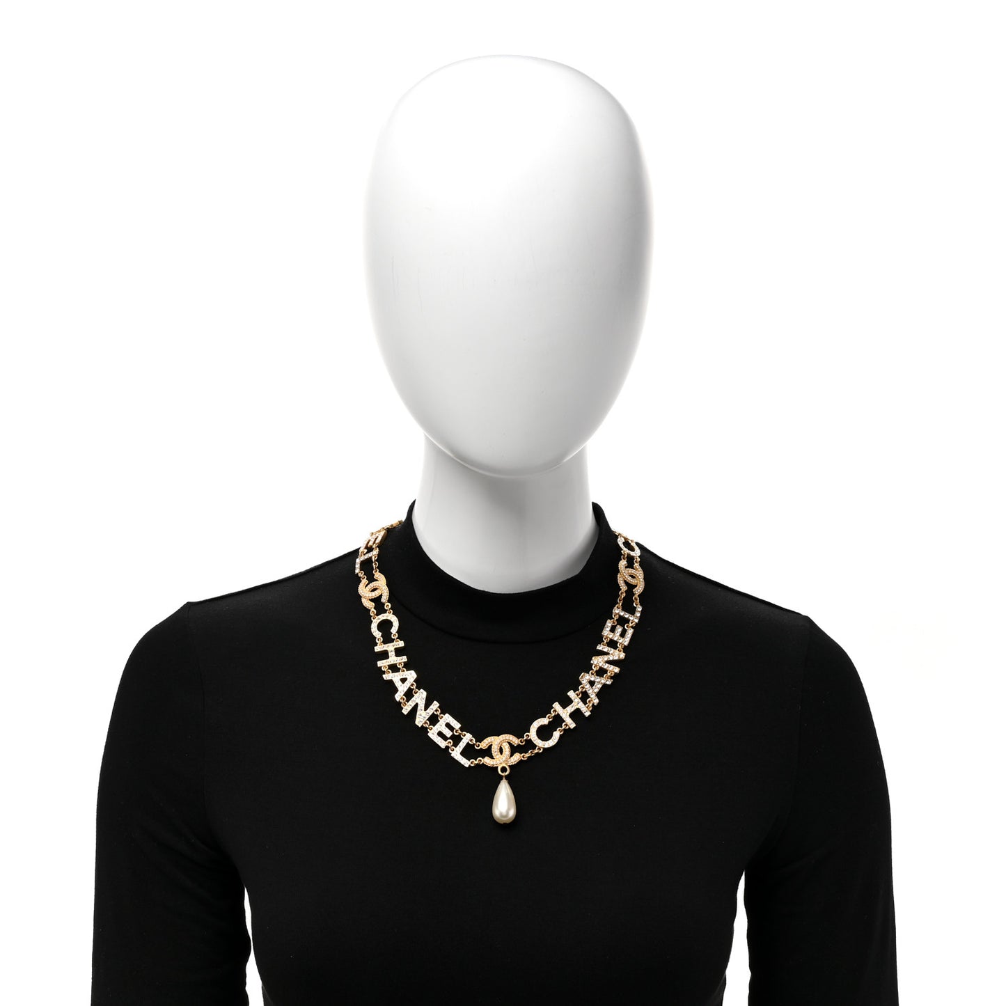 Metal Crystal Pearl Logo CC Necklace Gold
