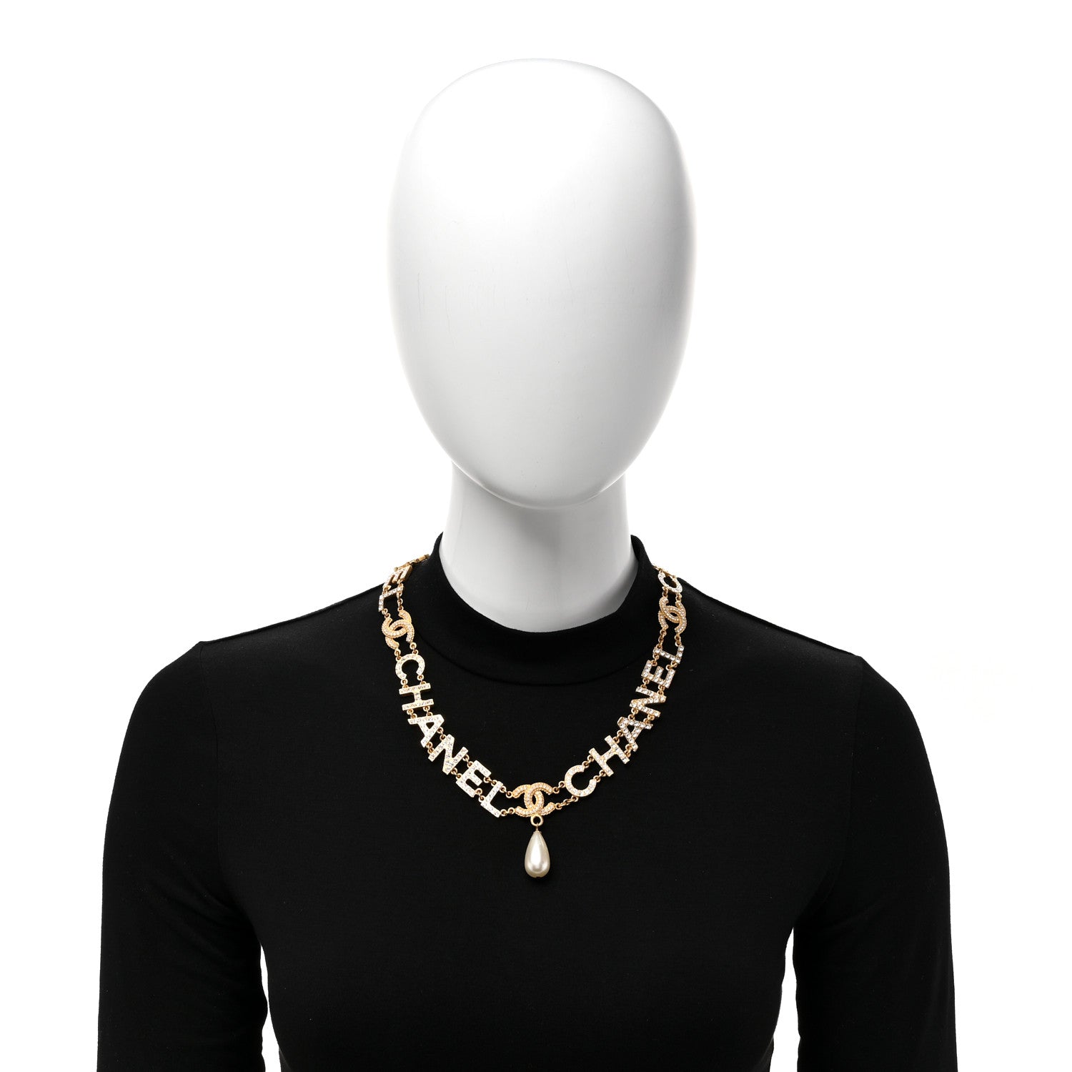 Chanel Metal Crystal Pearl Logo CC Necklace Gold 2 of 5