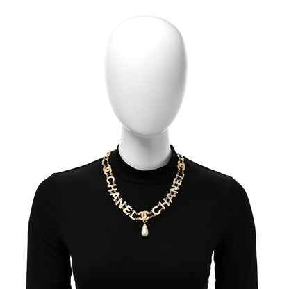 Chanel Metal Crystal Pearl Logo CC Necklace Gold 2 of 5
