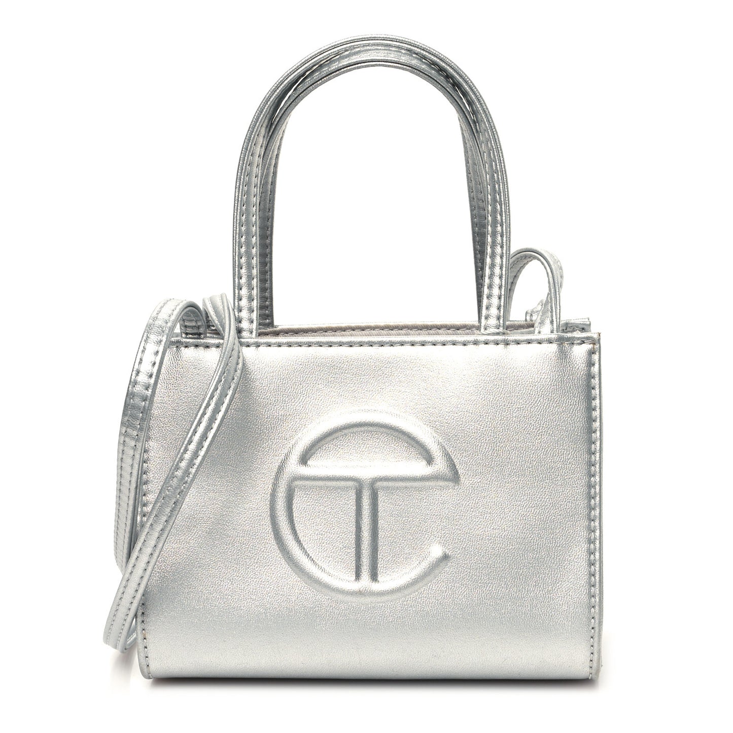 Metallic Vegan Leather Small Shopping Bag Silver