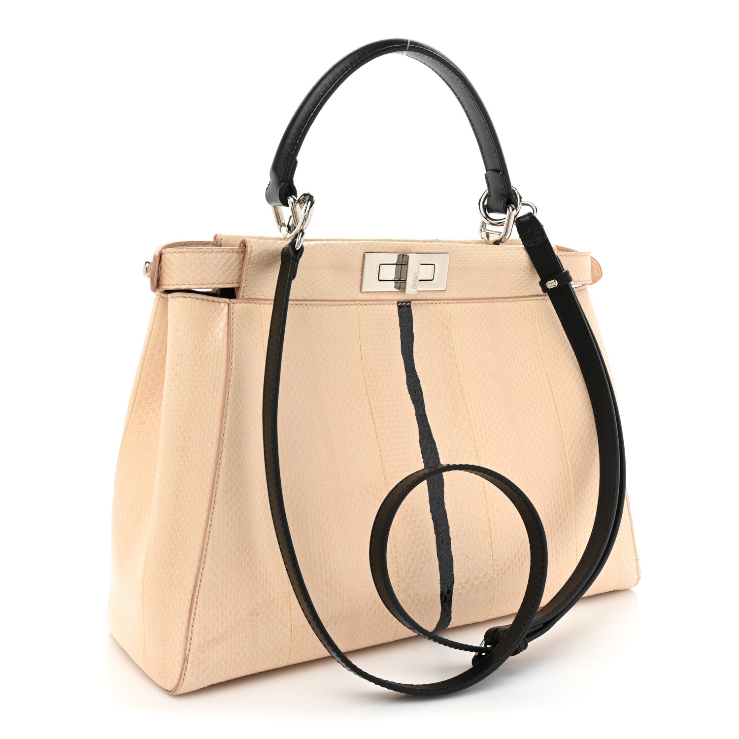 Fendi Water Snakeskin Nappa Medium Peekaboo Iconic Satchel Beige Black 3 of 21