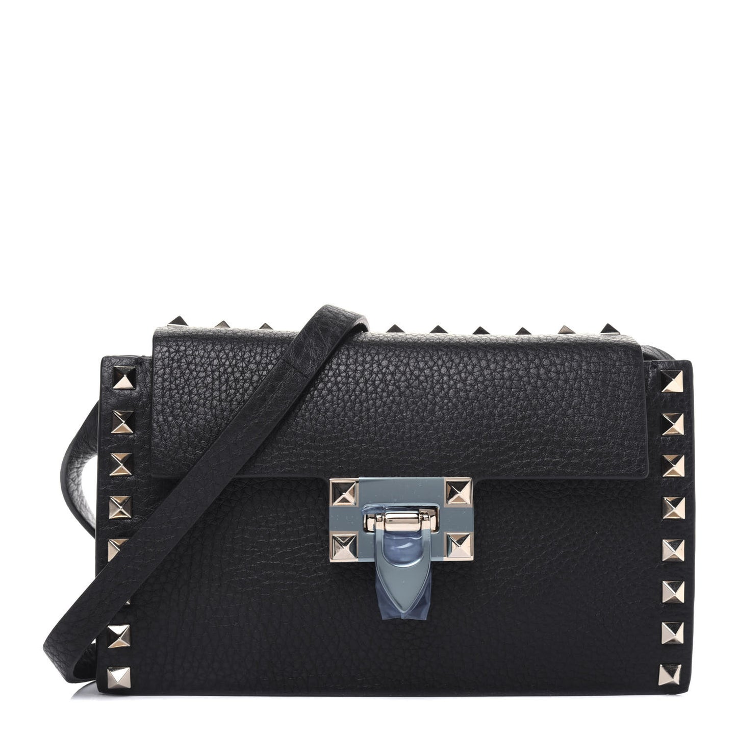 Pebbled Calfskin Small Rockstud Overlay Flap Shoulder Bag Black